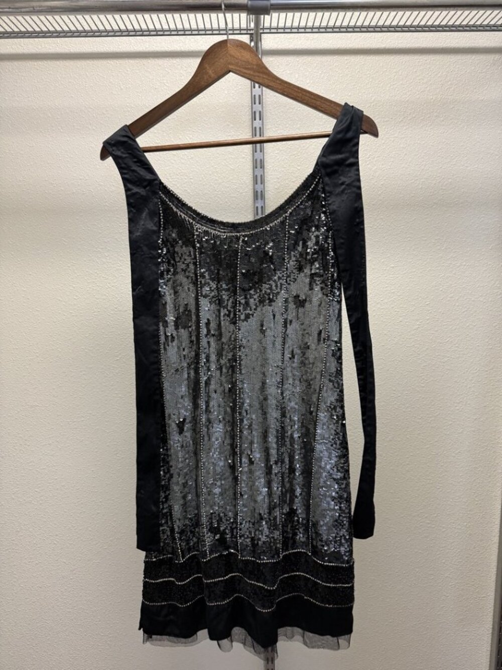 Black Silver Sequin Drop-Waist Flapper Mini Dress 1920s Art Deco Style Size S